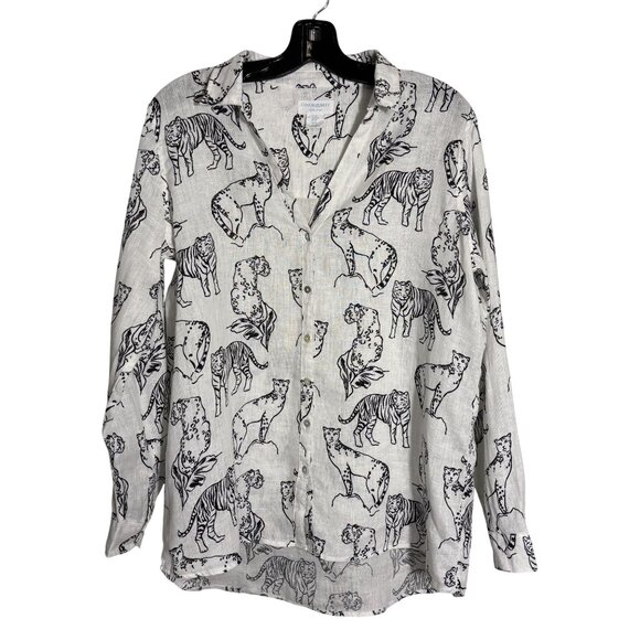 Cynthia Rowley 100% Linen Button-Up White Shirt With Black Animal Print - Picture 7 of 7